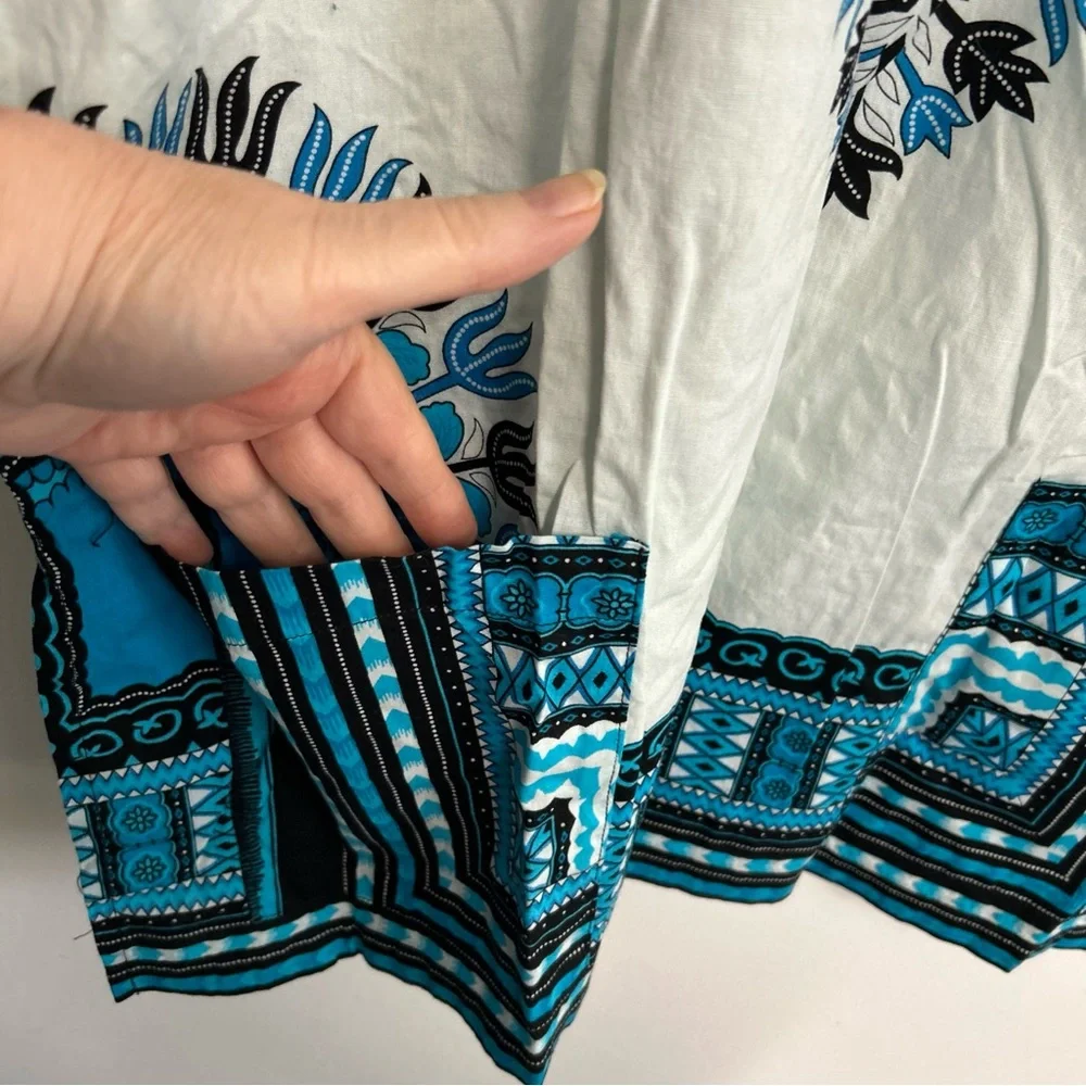 RaanPahMaung Unisex Large Dashki Blue White Pockets Cotton Tribal Short Sleeve‎